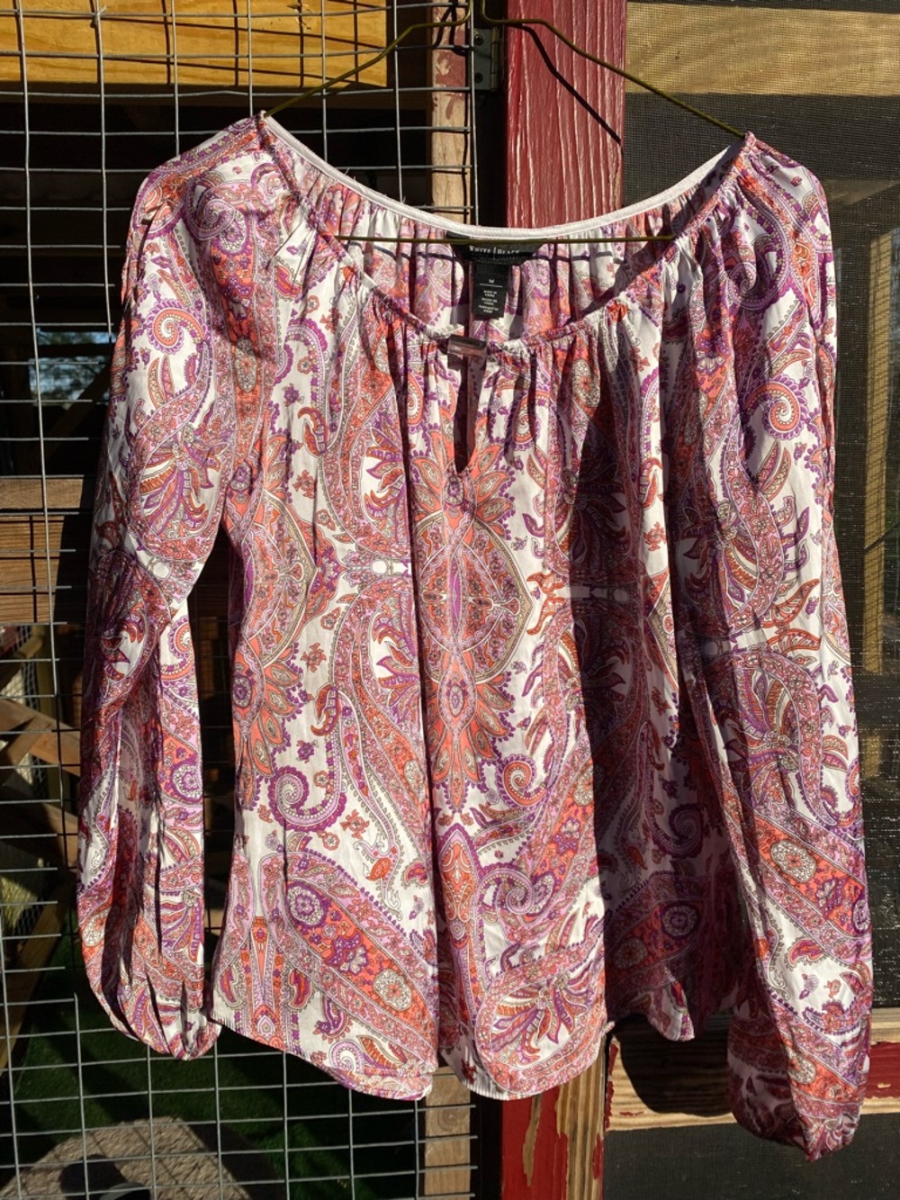 White House Black Market Pink and Purple Paisley Peasant Blouse